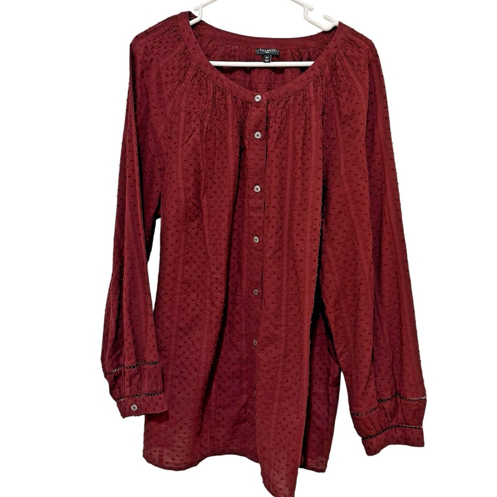 Talbots Classic Burgundy Red Swiss Dot Balloon Sleeve  2x